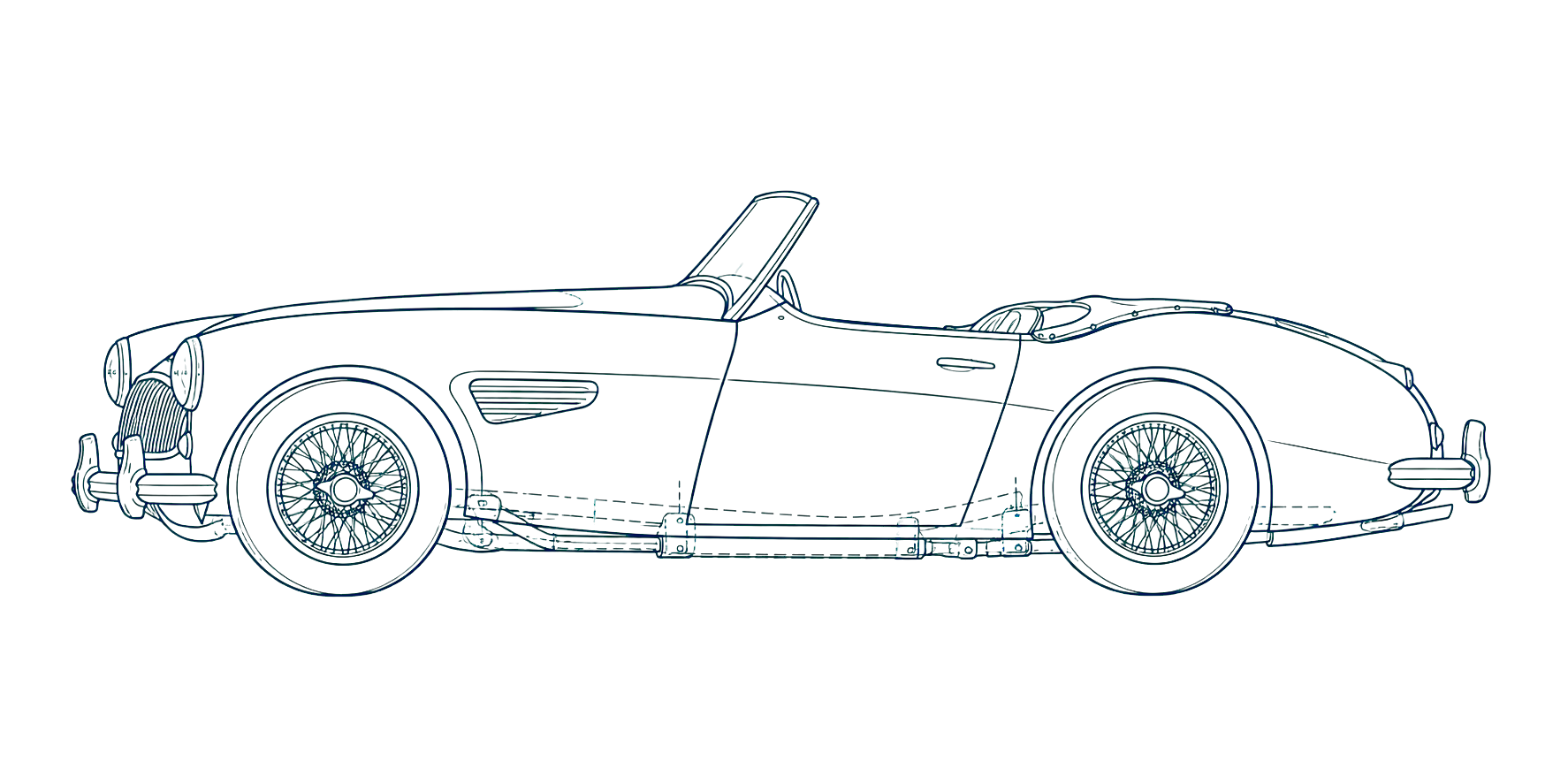 Line illustration of a 1959 Austin-Healey 100-6 undergoing restoration